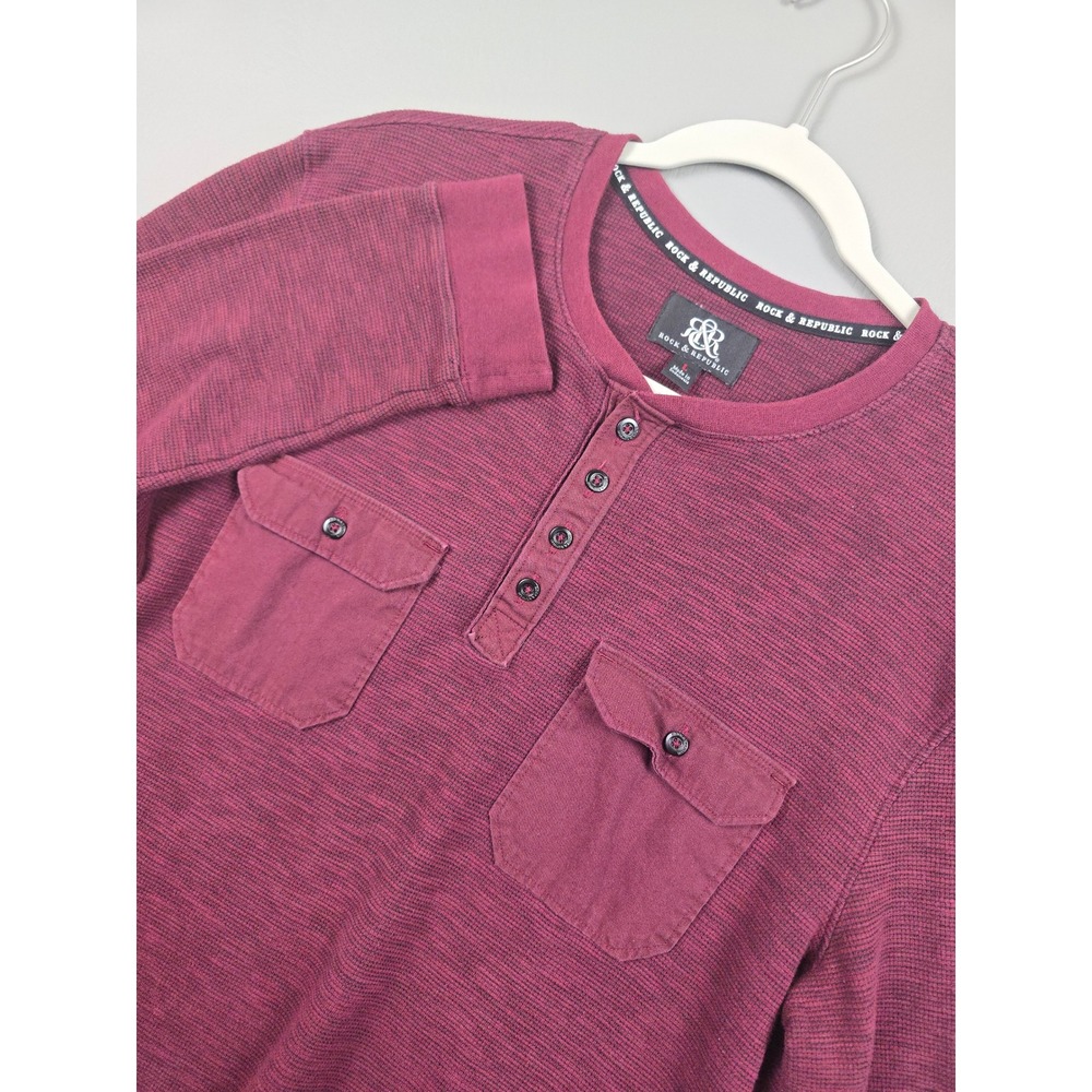 Rock & Republic Mens Burgundy Waffle Thermal Henley Shirt Long Sleeve Large